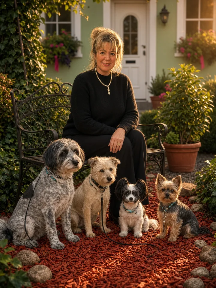 Marika Thomas, Inhaberin von Hundepflege Tiffany, mit vier Hunden im Garten